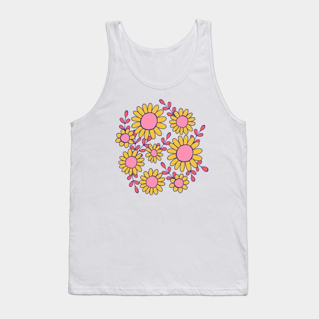 Retro 70s daisy flowers botanical design in blue, pink and yellow Tank Top by Natalisa